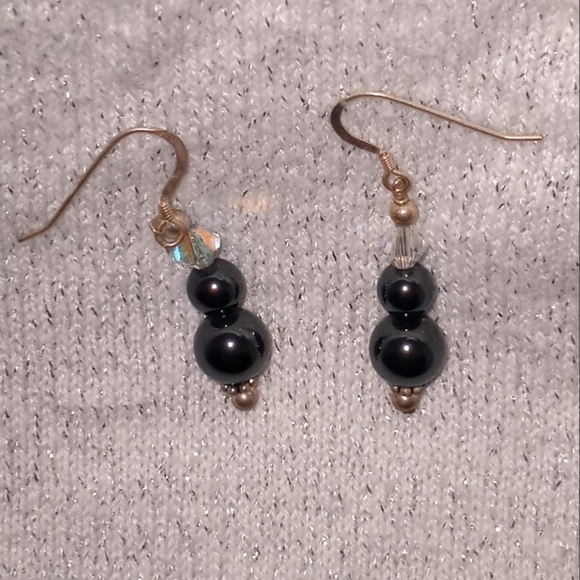 Black and silver toned polished beaded drop earrings - Picture 1 of 7